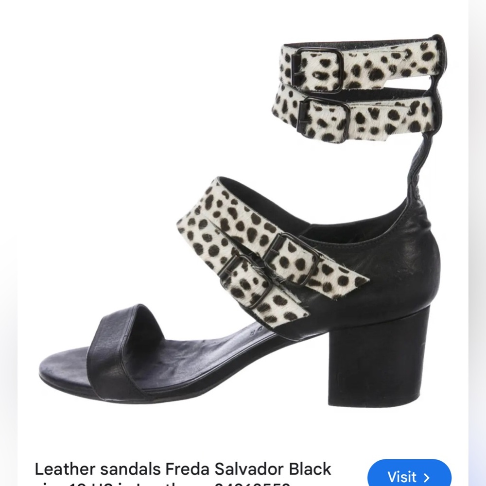Sz 9 FREDA SALVADOR BLACK LEATHER LEOPARD PONY HAIR STRAPPY HEEL SANDALS
